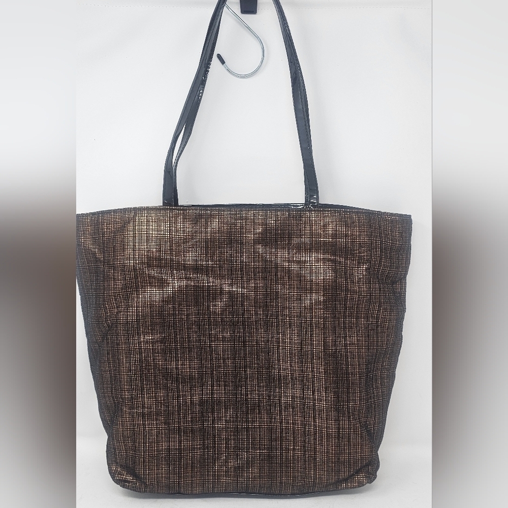 Saks Fifth Avenue Shoulder Tote Bag Double Handle Metallic Copper Brown Black - Picture 3 of 13
